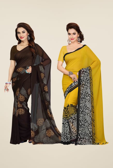 Ishin Brown & Yellow Printed Cotton Saree (Pack Of 2) Ishin Brown & Yellow Printed Cotton Saree (Pack Of 2)