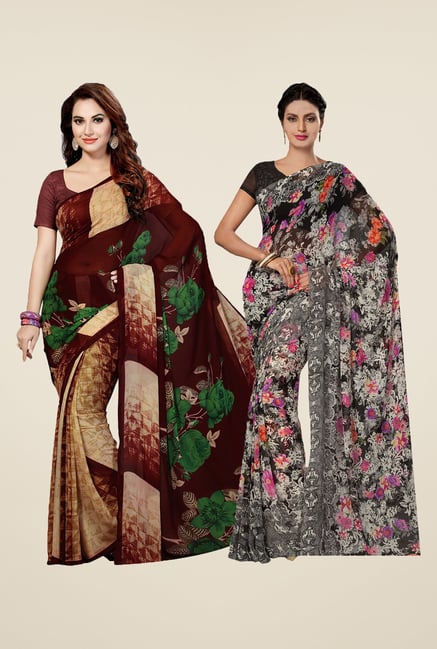 Ishin Maroon & Grey Printed Cotton Saree (Pack Of 2) Ishin Maroon & Grey Printed Cotton Saree (Pack Of 2)