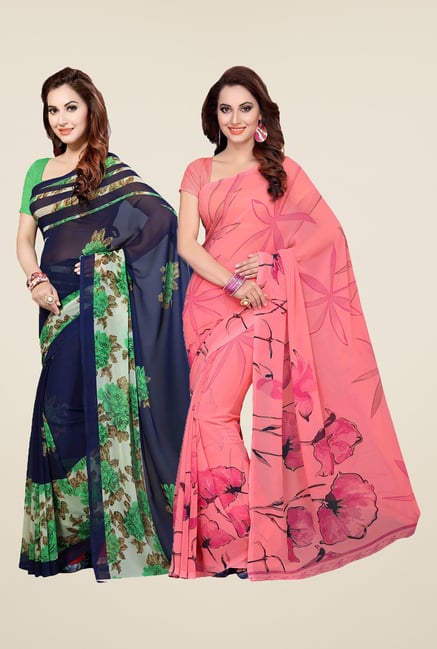 Ishin Navy & Peach Printed Cotton Saree (Pack Of 2) Ishin Navy & Peach Printed Cotton Saree (Pack Of 2)
