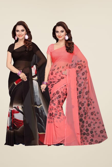 Ishin Brown & Peach Printed Cotton Saree (Pack Of 2) Ishin Brown & Peach Printed Cotton Saree (Pack Of 2)