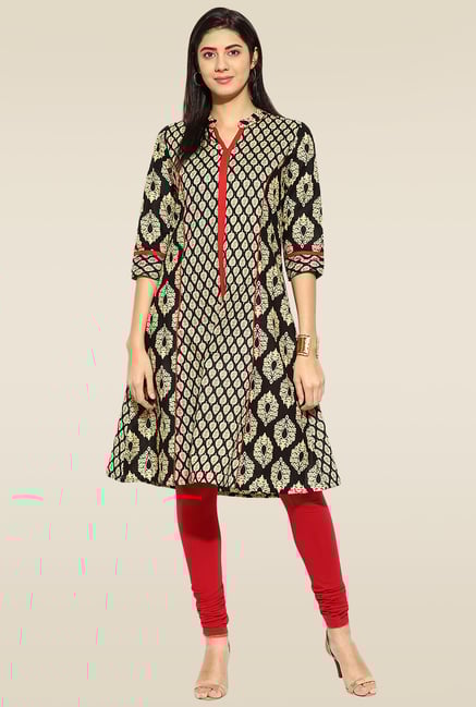 Mytri Black & Gold Printed Cambric Mandarin Collar Kurta Mytri Black & Gold Printed Cambric Mandarin Collar Kurta
