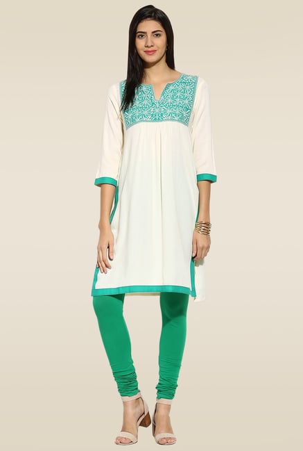 Mytri Off-white & Green 3/4th Sleeves Kurta Mytri Off-white & Green 3/4th Sleeves Kurta