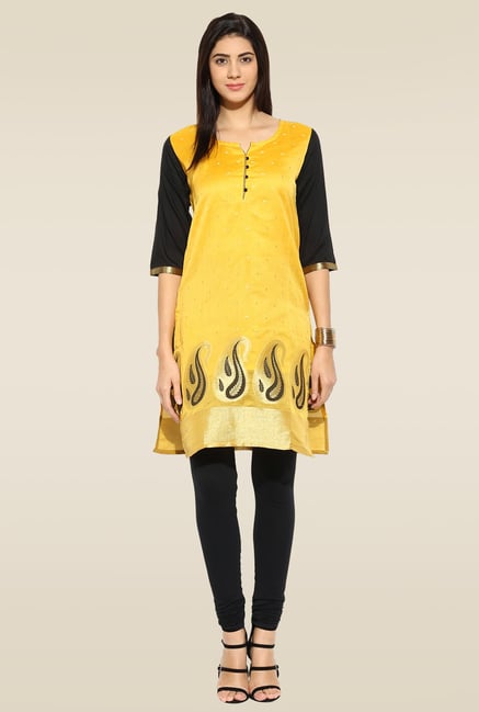 Mytri Yellow Embroidered Kurta Mytri Yellow Embroidered Kurta