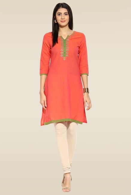 Mytri Coral 3/4th Sleeves Kurta Mytri Coral 3/4th Sleeves Kurta