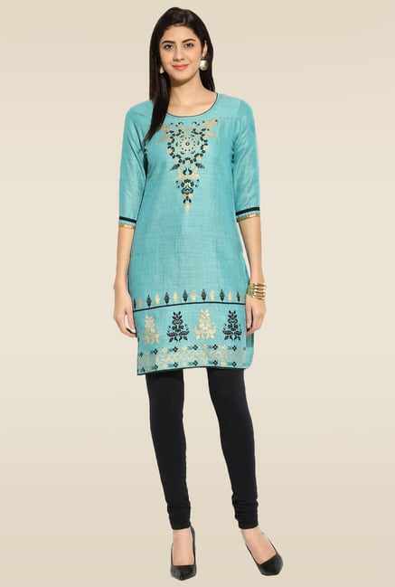 Mytri Aqua Blue Printed Cotton Kurta Mytri Aqua Blue Printed Cotton Kurta