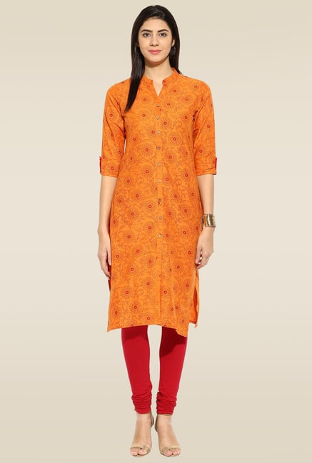 Mytri Orange Mandarin Collar Kurta Mytri Orange Mandarin Collar Kurta