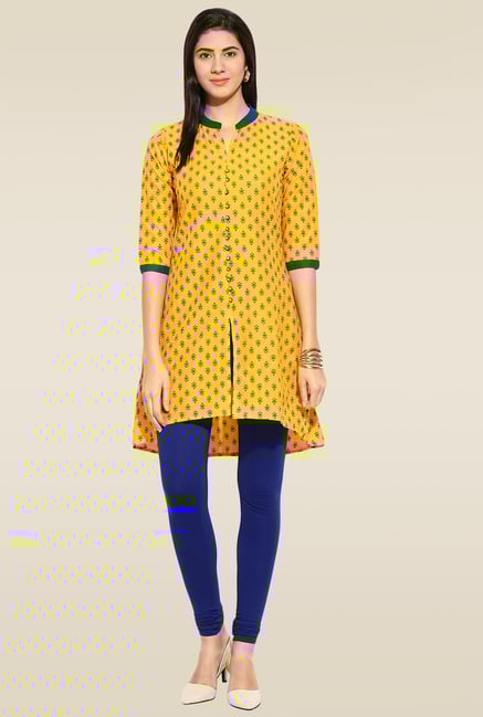 Mytri Yellow Mandarin Collar Kurta Mytri Yellow Mandarin Collar Kurta