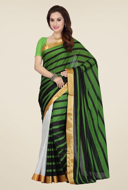Ishin Green & White Striped Cotton Saree Ishin Green & White Striped Cotton Saree