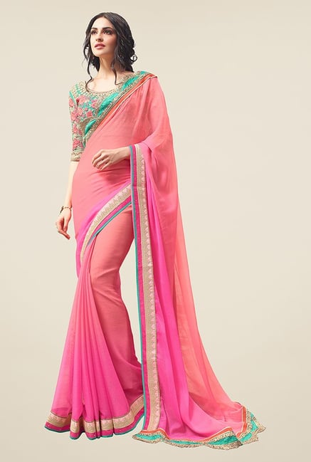 Ishin Peach & Pink Embroidered Chiffon Saree Ishin Peach & Pink Embroidered Chiffon Saree