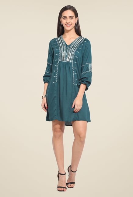 Honey & B Teal Embroidered Dress Honey & B Teal Embroidered Dress