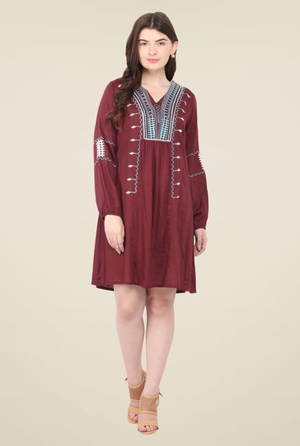 Honey & B Maroon Embroidered Dress Honey & B Maroon Embroidered Dress