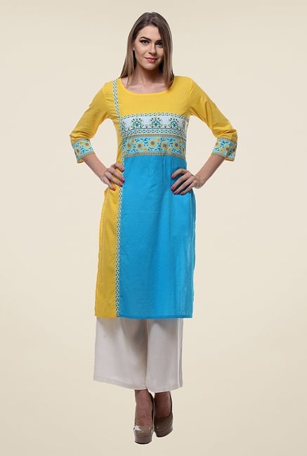 Varanga Yellow & Blue Printed Kurti Varanga Yellow & Blue Printed Kurti