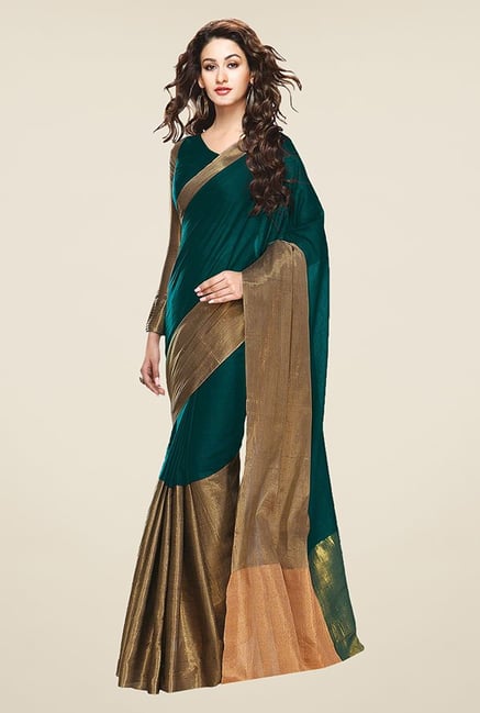 Ishin Green & Gold Solid Poly Cotton Saree Ishin Green & Gold Solid Poly Cotton Saree
