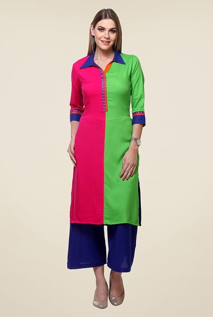 Varanga Green & Pink Solid Kurta Varanga Green & Pink Solid Kurta