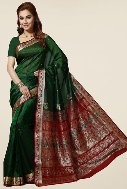 Ishin Green & Maroon Printed Silk Saree Ishin Green & Maroon Printed Silk Saree