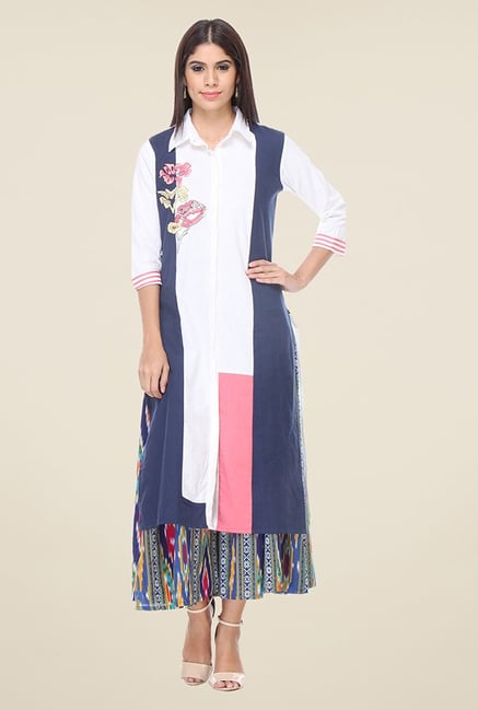 Varanga White & Navy Embroidered Kurta Varanga White & Navy Embroidered Kurta