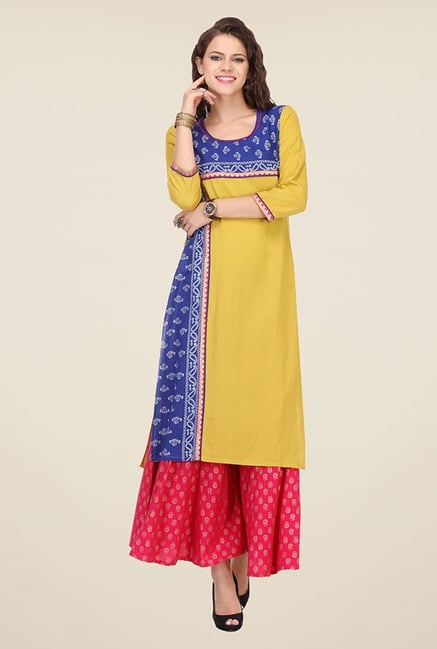 Varanga Mustard & Blue Printed Kurta Varanga Mustard & Blue Printed Kurta