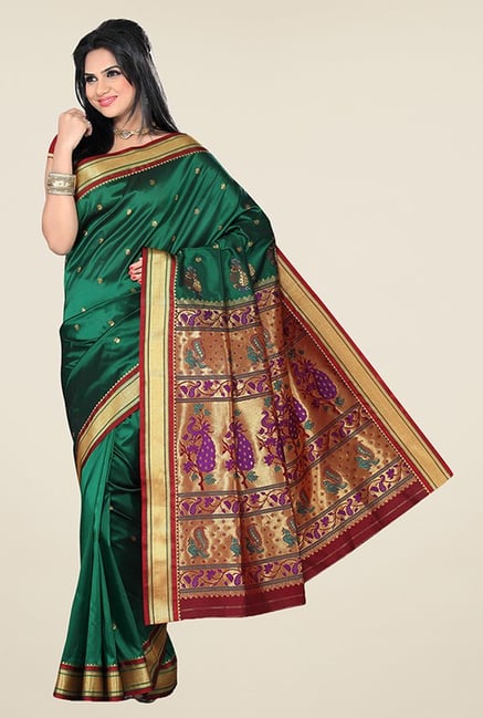 Ishin Green & Maroon Printed Tana Silk Paithani Saree Ishin Green & Maroon Printed Tana Silk Paithani Saree
