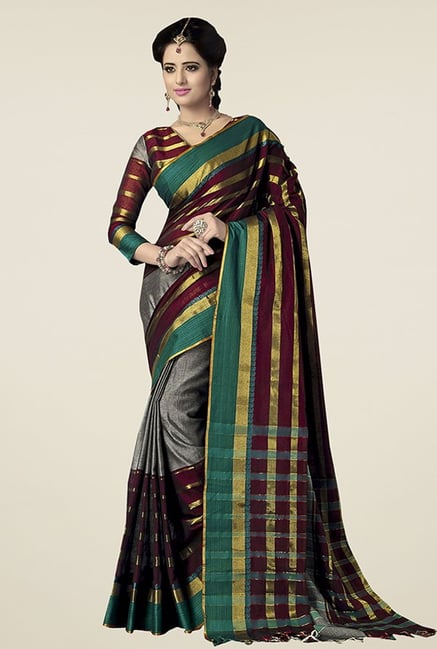 Ishin Grey & Brown Striped Poly Cotton Saree Ishin Grey & Brown Striped Poly Cotton Saree