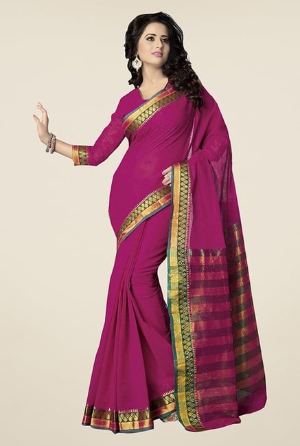 Ishin Fuchsia Striped Poly Cotton Saree Ishin Fuchsia Striped Poly Cotton Saree