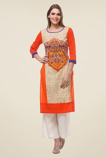 Varanga Orange & Beige Printed Kurta Varanga Orange & Beige Printed Kurta