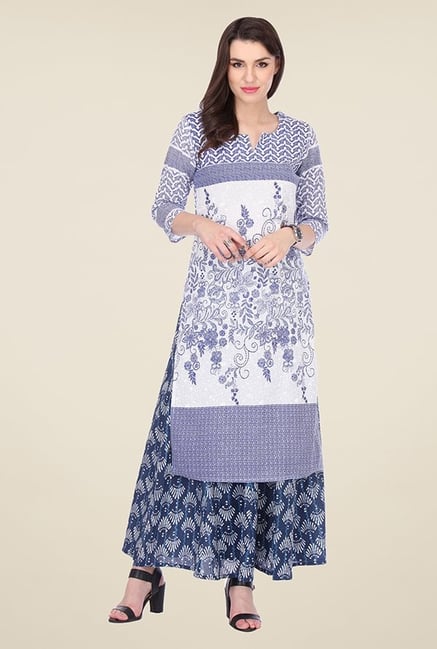 Varanga Off White & Blue Printed Kurta Varanga Off White & Blue Printed Kurta