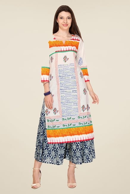 Varanga Off White & Orange Printed Kurta Varanga Off White & Orange Printed Kurta