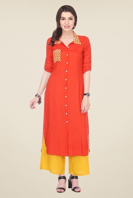 Varanga Orange Solid Kurta Varanga Orange Solid Kurta