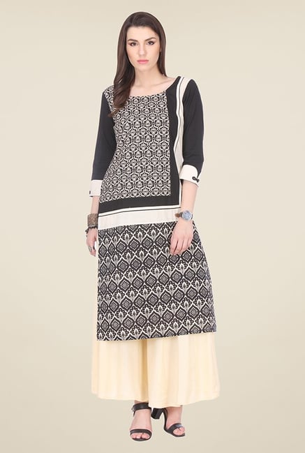 Varanga Beige & Black Printed Kurta Varanga Beige & Black Printed Kurta