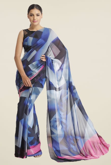 Satya Paul Royal Blue Printed Super Georgette Saree Satya Paul Royal Blue Printed Super Georgette Saree