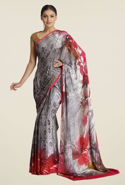 Satya Paul Grey Printed Super Georgette Satin Saree Satya Paul Grey Printed Super Georgette Satin Saree