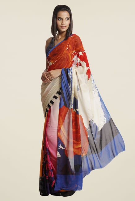 Satya Paul White & Orange Floral Print Crepe Saree Satya Paul White & Orange Floral Print Crepe Saree