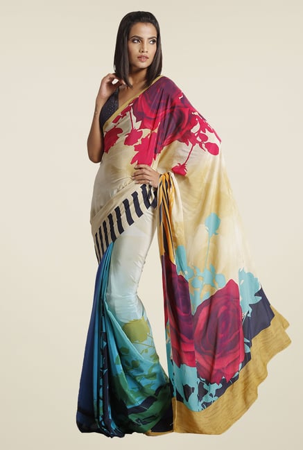 Satya Paul Blue Floral Print Crepe Saree Satya Paul Blue Floral Print Crepe Saree