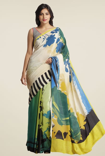Satya Paul Multicolor Floral Print Crepe Saree Satya Paul Multicolor Floral Print Crepe Saree