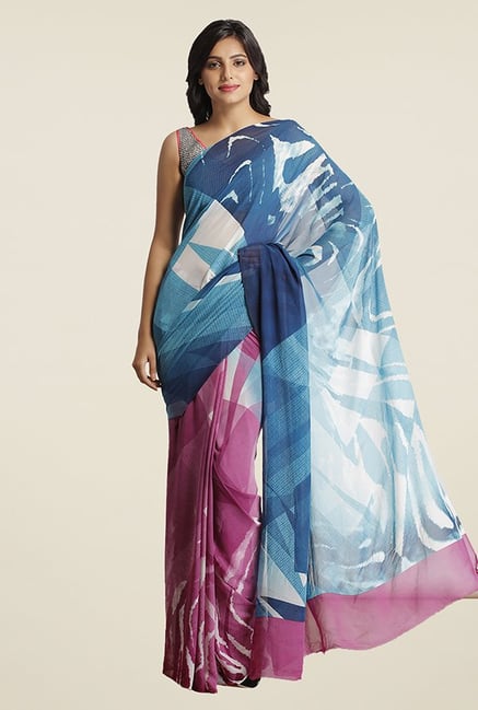 Satya Paul Pink & Blue Printed Super Georgette Saree Satya Paul Pink & Blue Printed Super Georgette Saree