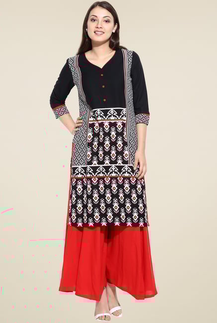 Avaana Black Printed Straight Long Kurta Avaana Black Printed Straight Long Kurta