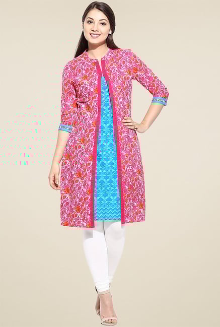 Avaana Pink Mandarin Collar Long Kurta Avaana Pink Mandarin Collar Long Kurta