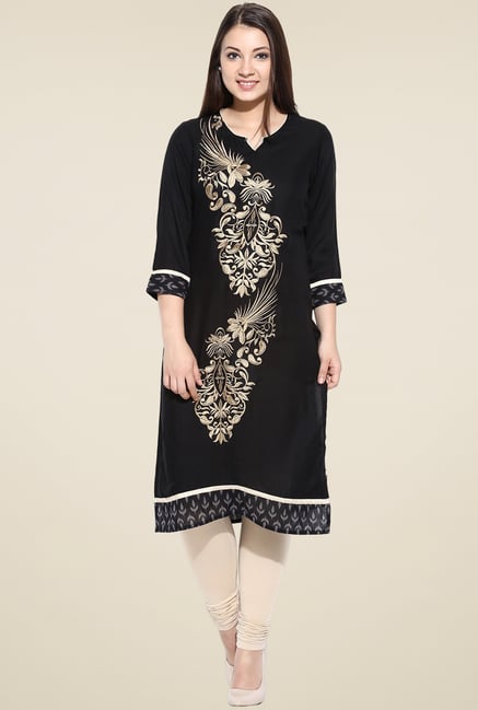 Avaana Black Embroidered Straight Long Kurta Avaana Black Embroidered Straight Long Kurta