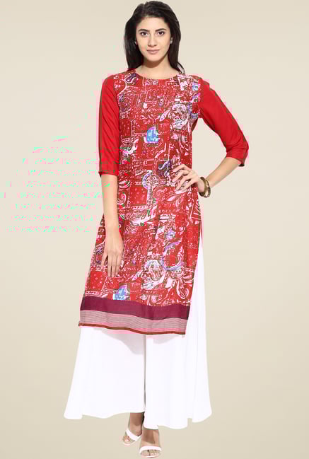 Evam Red Rayon Straight Long Kurta Evam Red Rayon Straight Long Kurta