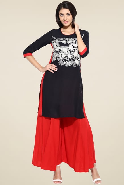 Evam Black Regular Fit Rayon Long Kurta Evam Black Regular Fit Rayon Long Kurta