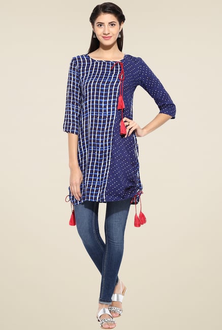 Evam Blue Cotton 3/4th Sleeves Long Kurta Evam Blue Cotton 3/4th Sleeves Long Kurta