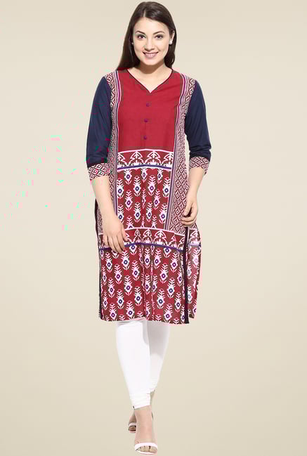 Avaana Red 3/4th Sleeves Long Kurta Avaana Red 3/4th Sleeves Long Kurta