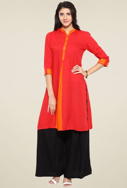 Evam Red Solid Straight Long Kurta Evam Red Solid Straight Long Kurta