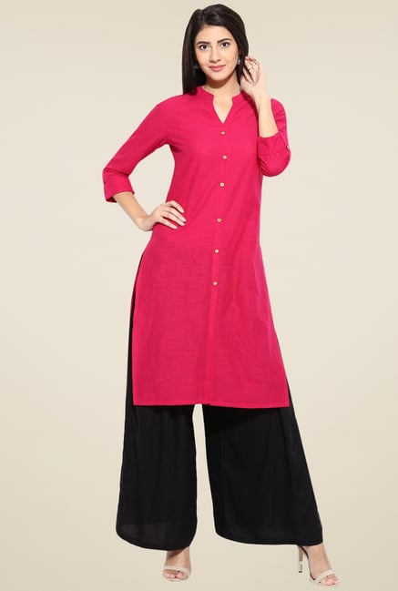 Evam Fuchsia Solid Cotton Long Kurta Evam Fuchsia Solid Cotton Long Kurta