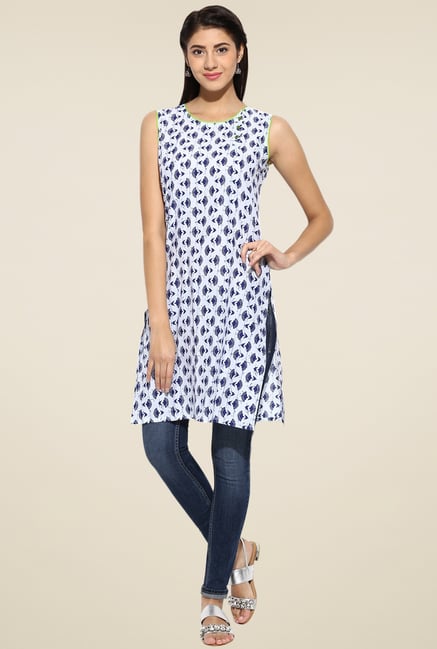Evam White and Indigo Cotton Long Kurta Evam White and Indigo Cotton Long Kurta