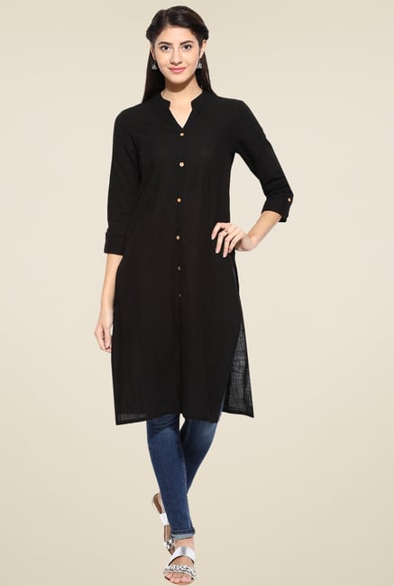Evam Black Solid Cotton Long Kurta Evam Black Solid Cotton Long Kurta
