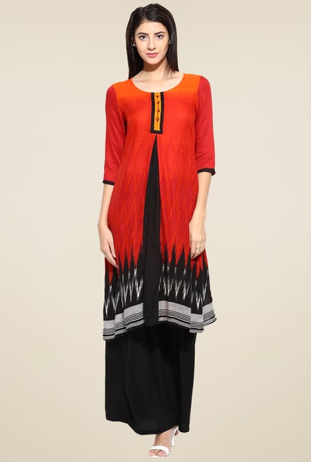 Evam Red Printed Rayon Long Kurta Evam Red Printed Rayon Long Kurta