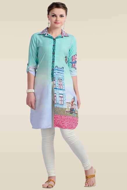 Zola Sea Green Printed Synthetic Kurti Zola Sea Green Printed Synthetic Kurti