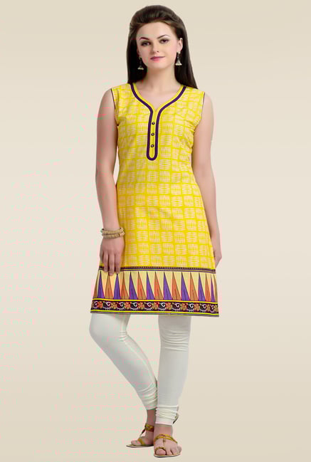 Zola Yellow Sleeveless Printed Cotton Kurti Zola Yellow Sleeveless Printed Cotton Kurti
