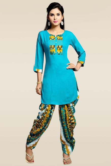 Zola Blue Round Neck Kurta with Printed Patiyala Zola Blue Round Neck Kurta with Printed Patiyala